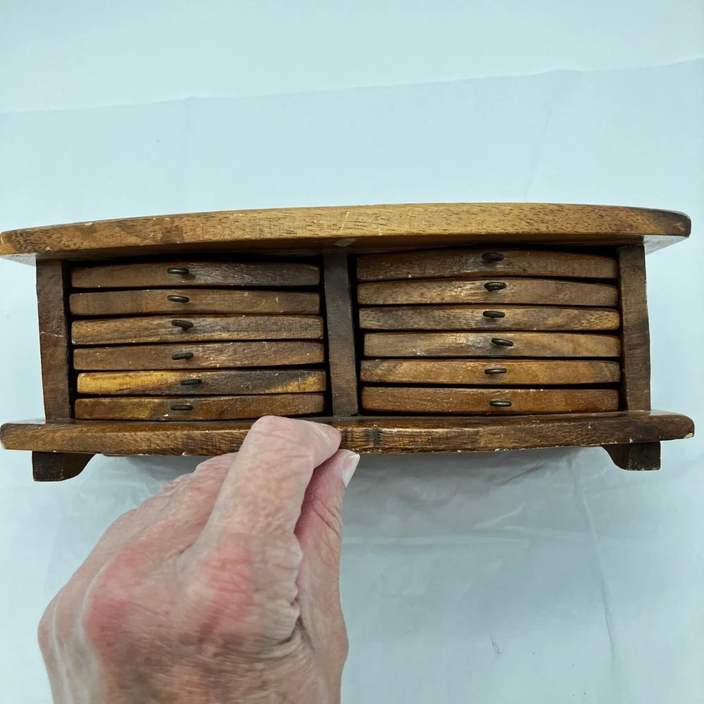 Vintage Wood Coaster Set MCM 12pc Brown Cork Lined with Holder